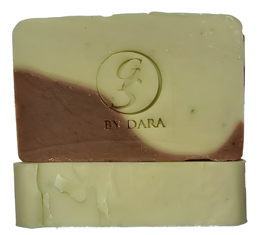 Trinitario cocoa butter, and chocolate soap infused with CBD. Coloured with French green clay and chocolate and stamped with the brand logo